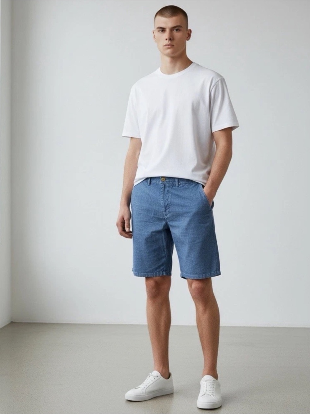 BOSS Hugo Boss Crigan Regular Fit Linen Cotton Chambray Shorts Blue Size 34